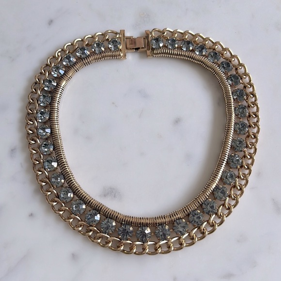 Peep Toe Statement Choker in Metallic Gold and Light Blue - Picture 4 of 6
